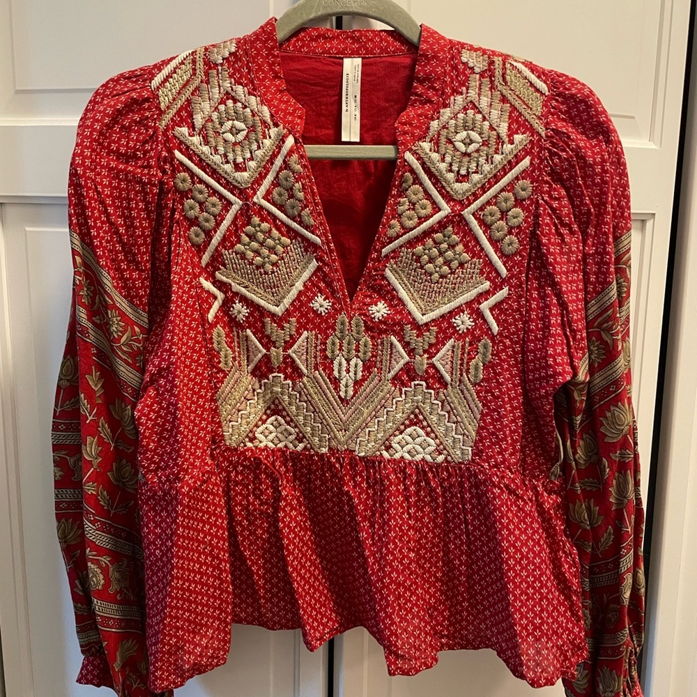 Anthropologie Red Embroidered Billow Long Sleeve Peplum Top